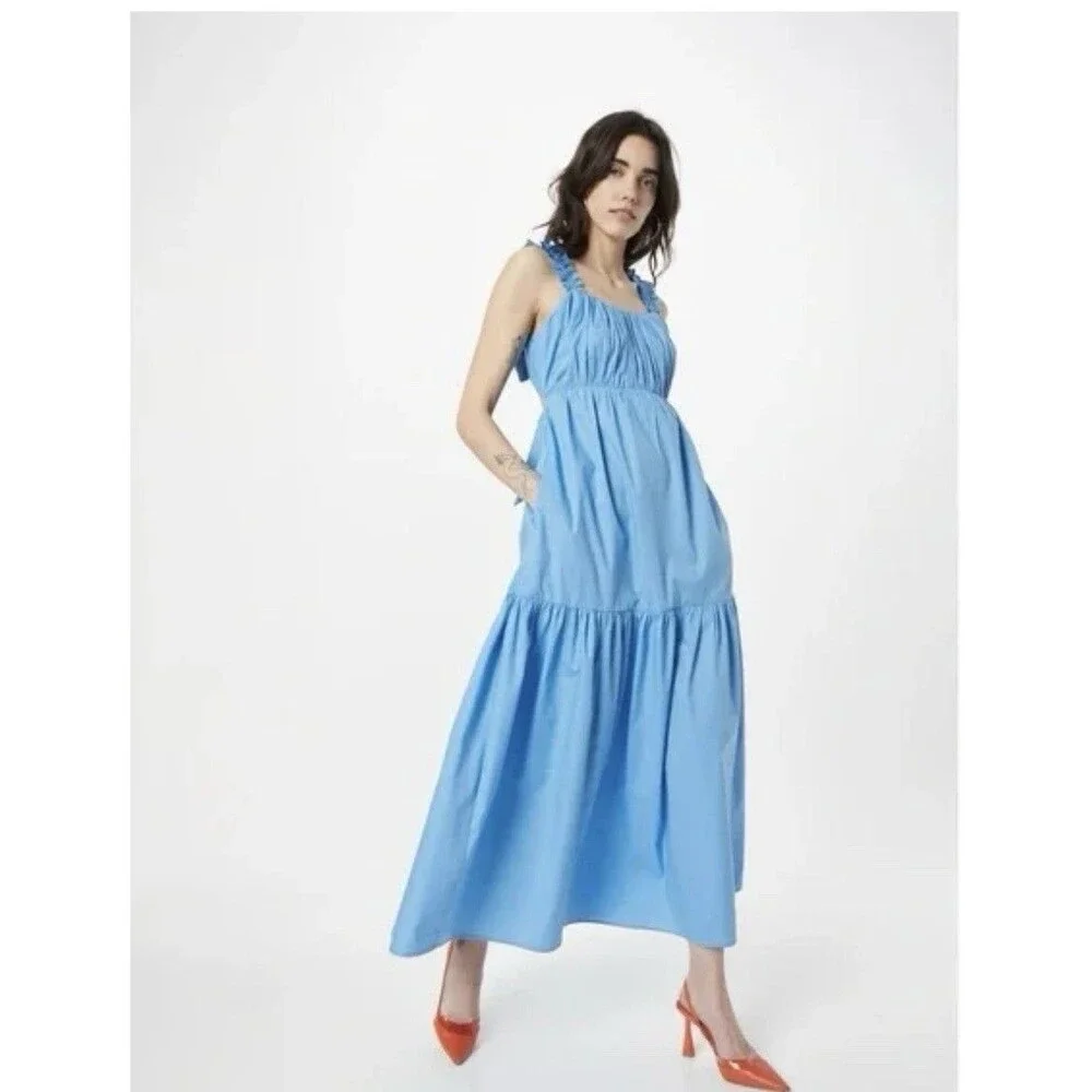 Abercrombie & Fitch Tiered Bow Back Ruffle Poplin Maxi Dress Sz MP Blue
